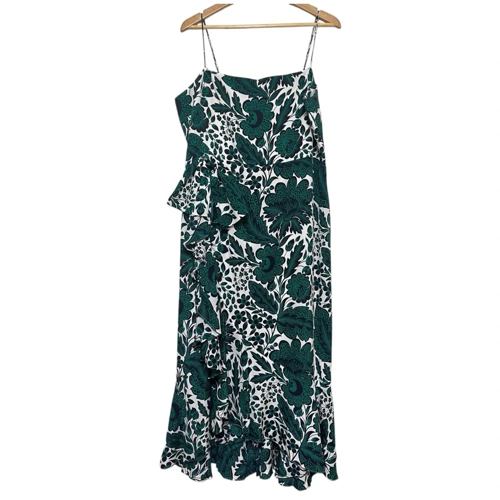 J CREW 100% Silk Hi Low Maxi Dress Tropical Floral Green White Bow Size 20 - Picture 4 of 15